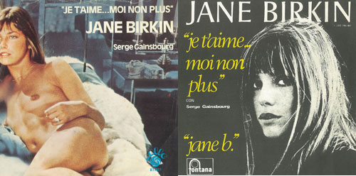 Portadas censurada e sen censurar de Jane Birkin&Serge Gainsbourg. Je T´aime... moi non plus