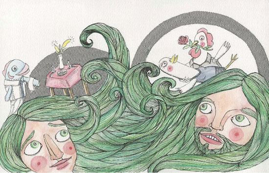 Alba Blanco Boga. Tres pelos, 2012. Páxina central de álbum ilustrado, 20x40 cm