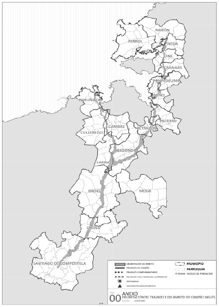 Mapa coa delimitación do trazado e ámbito do Camiño Inglés