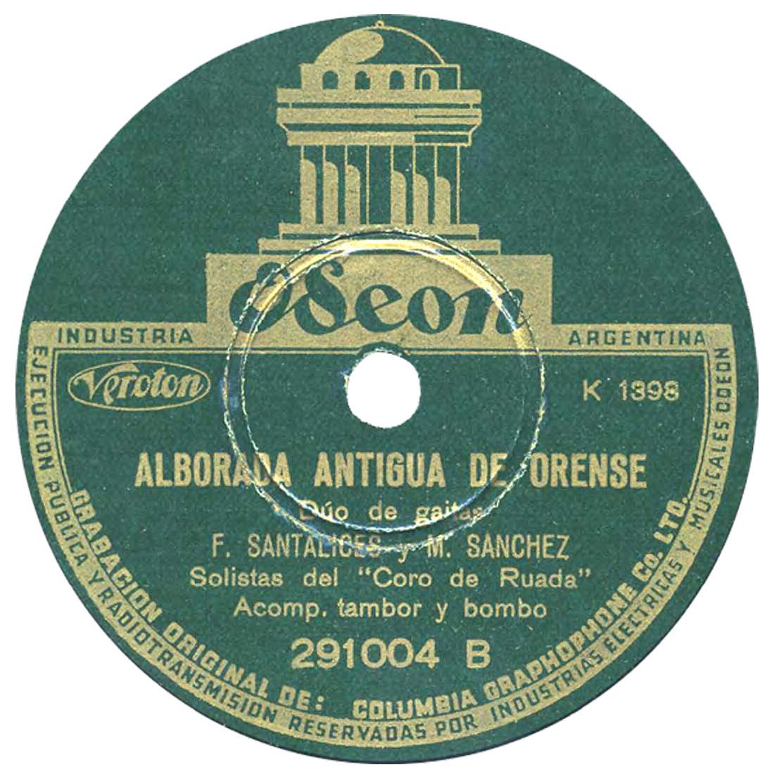 Etiqueta do disco co tema <i>Alborada de Ourense</i> editado en Arxentina pola casa Odeón