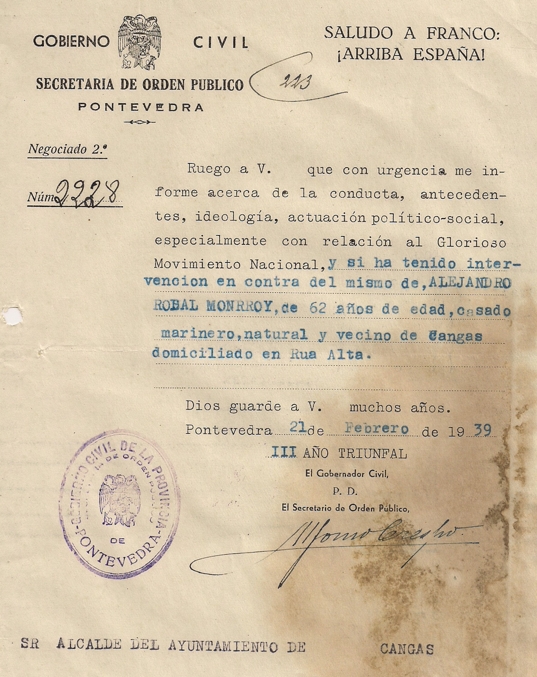 Petición dun informe de conduta do ano 1939