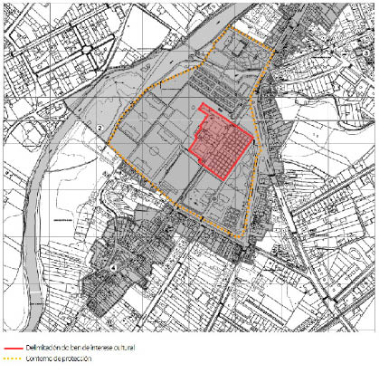 Mapa coa declaración BIC dos Escolapios a incluir a praza, en vermello. Fonte: DOG