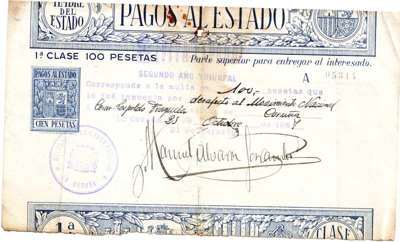 Recibo dunha multa por desafección ao movemento nacional, 1937