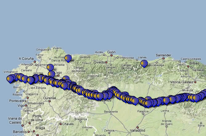 Capa de Google Maps con información sobre o Camiño Francés