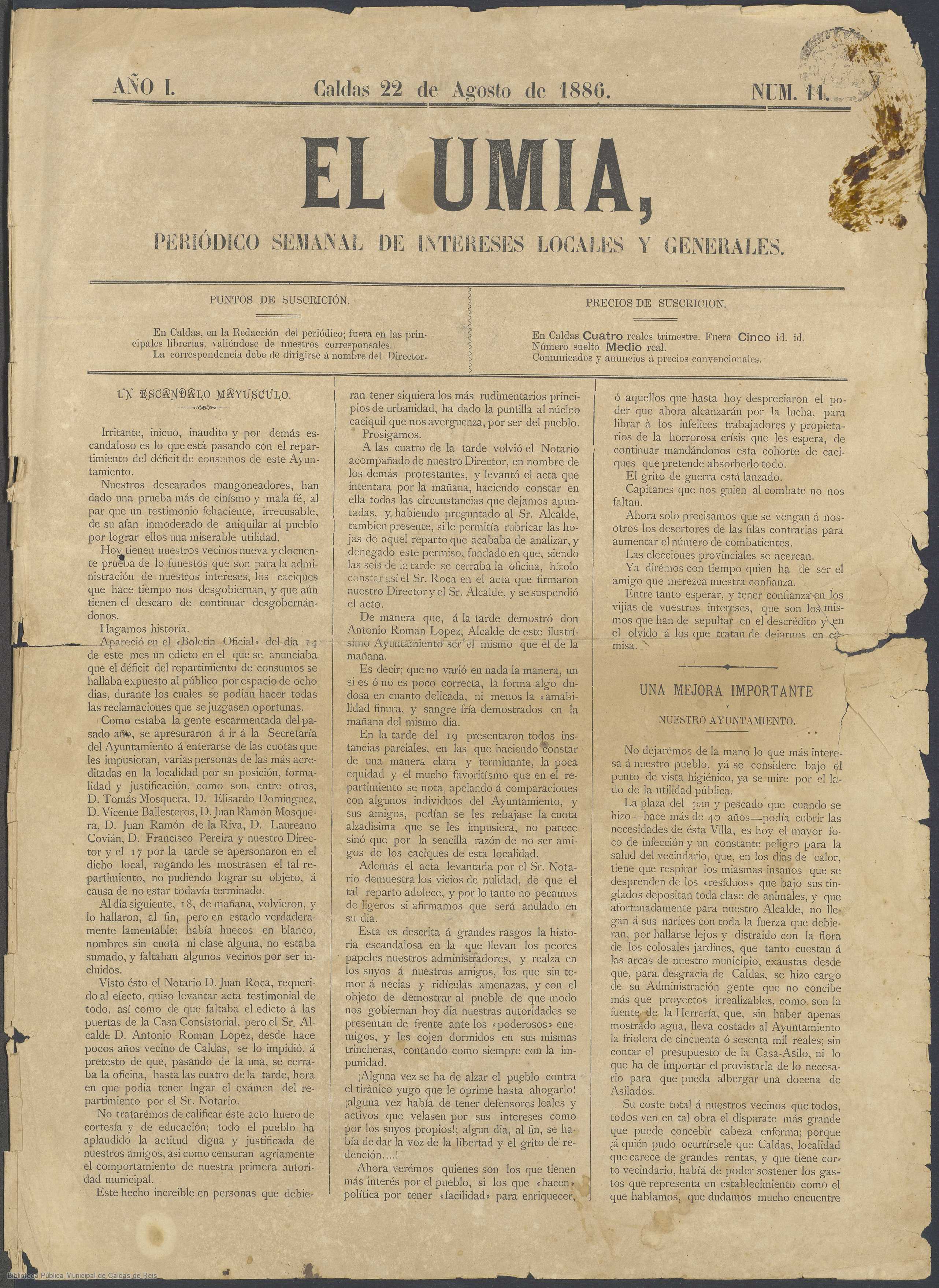 El Umia : periódico semanal de intereses locales y generales: Ano I Número 11 - 1886 agosto 22  Fonte: Galiciana