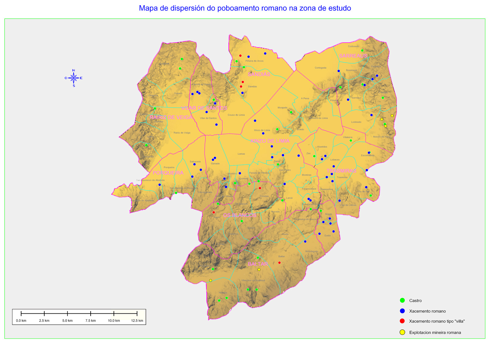 Mapa de dispersión de poboamento romano na Alta Limia